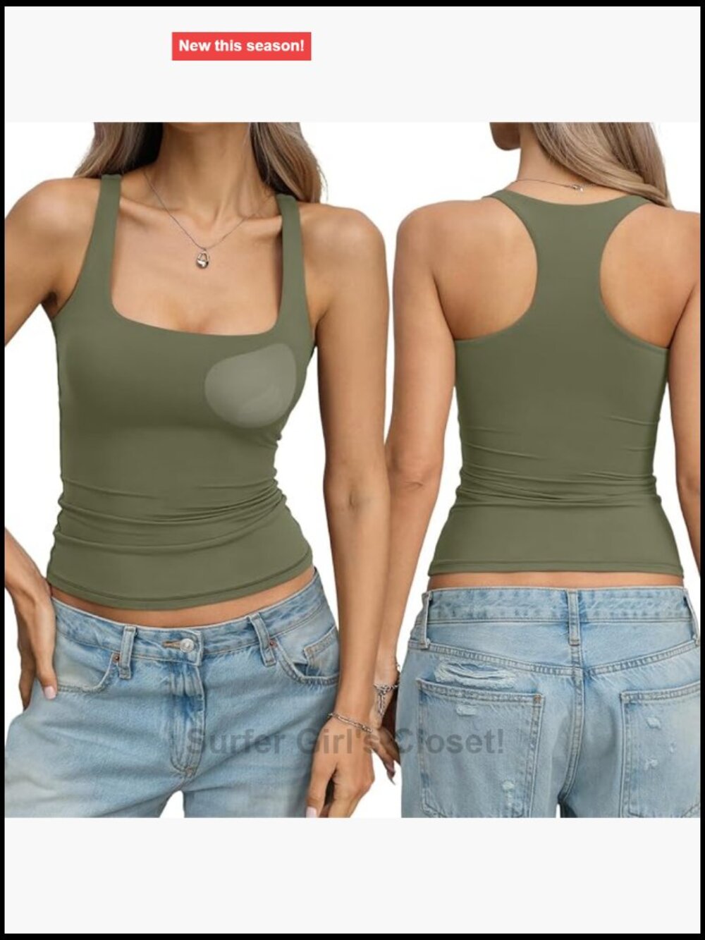 Women's Square Neck Racerback Tank Top with Built-in Bra, Removable Pads, High